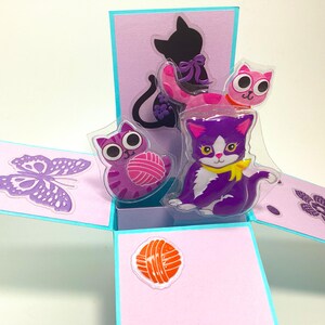 Kittens box-kaart, koop 3 krijgt 1 gratis, Cat Box pop-upkaarten, Kitty, liefde katten, 3D, kattenliefhebber, kinderkaarten, verjaardagen, bedankt, roze, paars