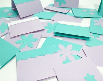 40 minis, seafoam green, lilac, soft turquoise mini message cards, little thank you cards, handmade message minis