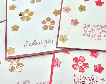 Embossed notecards, Handmade cards, small flowers cards, hold on to your dreams, live well, laugh often, love much, I adore you, Wcards,