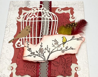 Bird in a cage collage card, Vanilla Burgundy Collage Card, Birds, Feathers, blank greetings, all occasion, handcrafted, one of a kind