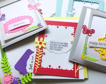 DIY cards - colorful card kit - easy to make cards with decorative frames - die cut flowers, butterflies