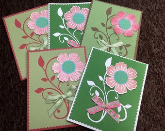 Large Flower Cards - Set of 7 notecards - Flowers with bows - stationary - blank cards - all occasion set of cards