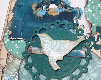 Collage Greeting Card, Sepia, Turquoise, Bird, Torn, Aged Layers, Truly one of a kind card