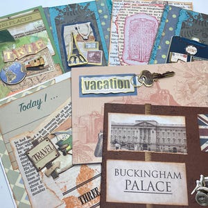 Einzigartiges internationales Reiseset von handgefertigten Grußkarten, liebe Reisen thematische Papiercollagen London, England, Eiffelturm, Urlaub