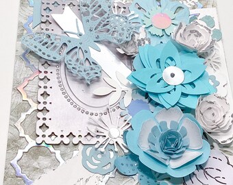 Silver and Blue 3D Flowers Handmade Card, Paper Art, Blue, Flowers, unique cards, one of a kind, hand crafted card by Wcards