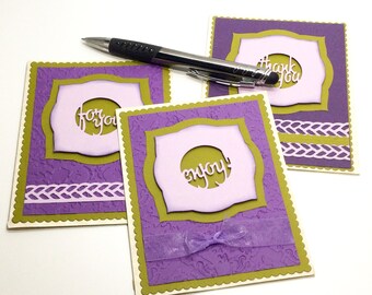 Set of 3 handmade cards, Purple, olive green cards, dimensional cards, thank you, enjoy, for you, raised up embossed cards