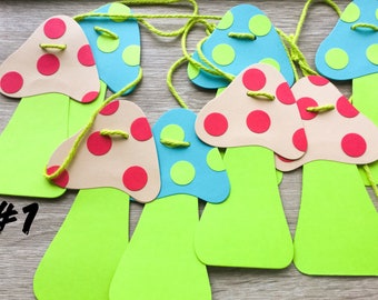 Mushroom garland, forest themed birthday party - peacocks garland