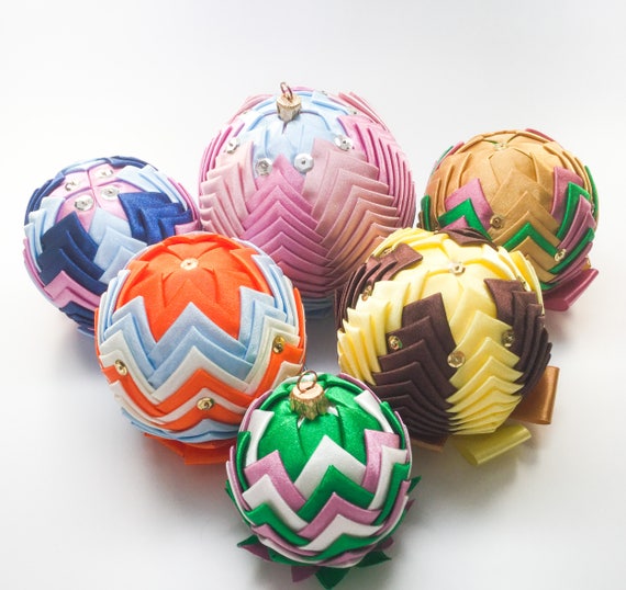 Items similar to Folded Ribbon ornaments Christmas Balls handmade