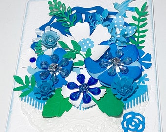 3D Flowers Arrangement, Bouquet of Flowers for Her, Paper Art, Blue Flowers, handmade card by Wcards, for Mom, Mothers day