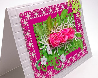 Fuchsia Pink Rolled Roses greetings, 3d flowers, 3 d roses, cards for her, Valentines, with Love