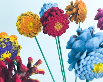 Colorful Pinecone Flower Bouquet - Acrylic Painted, 12 Piece Set