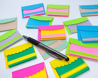 30 Scallop Mini envelopes with mini notecards - lunchbox messages - thank you - love notes - rainbow of colors - pastel quick notes - bright