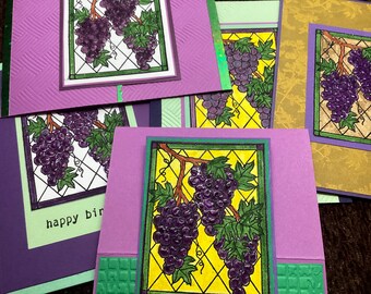 Grapevine - Set of Wine lover cards - purple grapes - Easel cards - Winery cards- wine - purple grapes - stained glass - unique cards