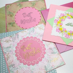 Buy 2 Get 1 Free, grote vierkante kaarten, handgemaakte enveloppen, vetplanten, beste wensen, hallo lieve vriend, set van 3 kaarten, roze, bloemen