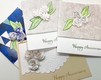Happy Anniversary Rolled Flowers , Rolled Roses, Embossed Anniversary card, 3d flowers, one of a kind cards for her, silver anniversary