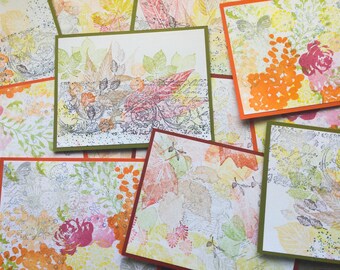 Stamped Collage flat cards, Rustic Red, Orange, Olive green, set of blank cards, stamped flowers, leaves collages, handmade by Wcards