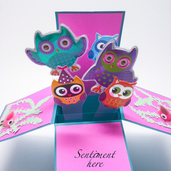 Birthday Owls Pop Up box card - Owl cards - Fishes, girls birthday cards