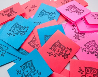 40 Owl mini Valentines - kids Itty bitty valentines - classroom Valentines - Mini owl cards - very bright, hand stamped by Wcards