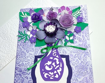 3D Flowers in a Vase, Purple Flowers, Bouquet of Flowers for Her, Paper Art, handmade card by Wcards