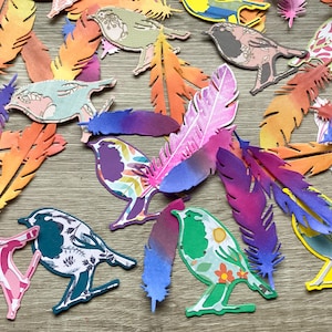 Two layer colorful paper birds, colorful feathers, Bird embellishments for diy paper crafts, card making, scrapbooking, journaling