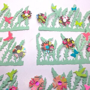 Flores silvestres cortadas em folhagens, efêmeras de papel, pequenos beija-flores, flores coloridas, borboletas, fabricação de cartões, artesanato em papel faça você mesmo