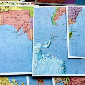Koop 2 krijgt 1 gratis, 12 kleurrijke notitiekaarten, ansichtkaarten, wereldkaart, wereldatlas, internationale kaarten, reizen, gerecycled, VS, Europa, Australië