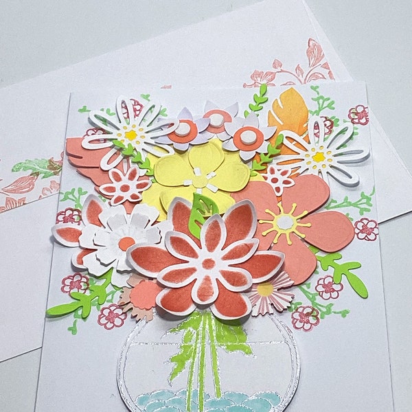 3D Flowers in a Vase, Bouquet of Flowers for Her, Paper Art, Pastel yellow, coral Flowers, handmade card by Wcards