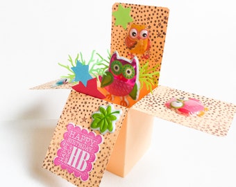 Birthday Owls Pop Up box card - Owl cards - Fishes, girls birthday cards