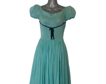Turquoise Swiss Dot Maxi Dress 1940s Vintage