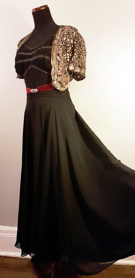 Late 1930s Full-Length Black Rayon Chiffon Gown wi