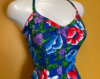 60s Blue floral Tiki Halter dress