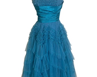 Sweetheart Teal Tulle 1950s Débutante Dress