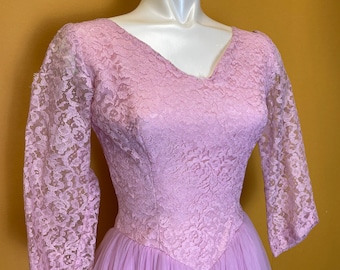 Early 1960s Pink Bubblegum Lace Dress with Sleeves and Mesh Skirt