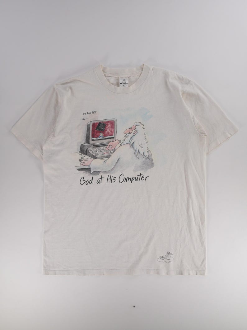 God And Computer 1990s - the Far Side God at His Computer T-shirt - Etsy