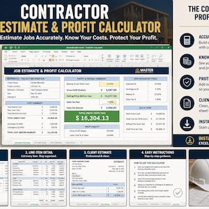 Op de afbeelding: Een digitaal Contractor Estimate & Profit Calculator spreadsheet voor Microsoft Excel. De interface toont velden voor taakramingen, kostenoverzichten, winstmarges en percentage-instellingen. Bevat secties voor postdetails, klantramingen en instructies.