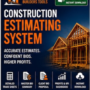 May include: A digital construction estimating system for Microsoft Excel featuring the text Master Builders Tools, Construction Estimating System, Accurate Estimates, Confident Bids, Higher Profits, and Built for Contractors by a Contractor.