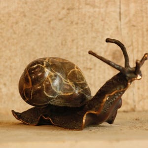 May include: A dark brown metal snail sculpture featuring a rounded shell with visible light-coloured veining patterns and a textured body with two long upper tentacles and two shorter lower tentacles extending from the head area.