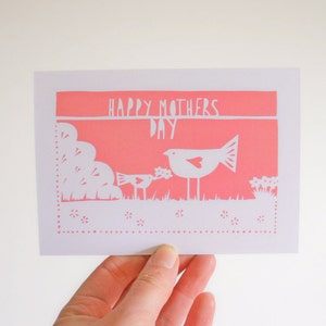 Mothers day card for mum, happy mothers day, mothering Sunday, pink white greetings card, mama bird