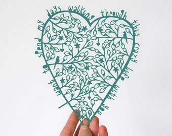 Teal Papercut Heart Art, Anniversary Gift, Framed Love Quote