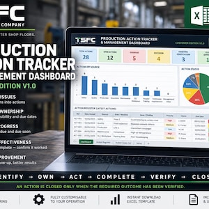 Könnte beinhalten: Ein Laptop-Bildschirm zeigt das TSFC Production Action Tracker & Management Dashboard, eine Excel-Vorlage mit Datentabellen, einem Balkendiagramm und einem Kreisdiagramm zur Überwachung von Produktionsaufgaben und zur Verwaltung von Maßnahmen.