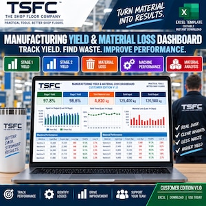 Puede incluir: Un portátil muestra una plantilla de Excel de panel de control de rendimiento de fabricación y pérdida de material. La pantalla presenta tablas de datos, gráficos de barras y líneas de rendimiento. Un vaso blanco con el logo TSFC está a la izquierda.