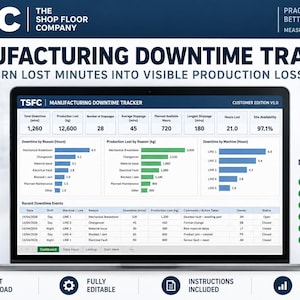 May include: A digital manufacturing downtime tracker displayed on a laptop screen, featuring data tables, bar charts, and production loss metrics. The interface includes sections for downtime analysis, machine availability, and recent event logs in Excel format.