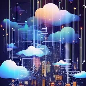 Puede incluir: Una ilustración digital de un horizonte de ciudad con luces brillantes, conectado a una red de nubes y líneas. Las nubes son azules, moradas y naranjas, y las líneas son blancas. La ciudad está formada por edificios altos con ventanas que están iluminadas.