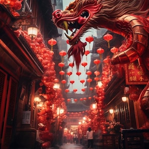 Celebration Chinese new year, Dragon and paper red lanterns, digital print, art prints