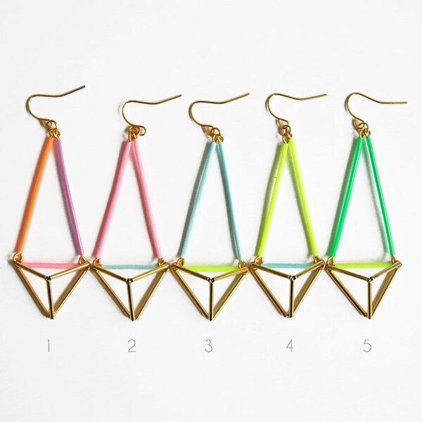 Colourful geometric triangle pyramid earrings, geometric earrings, dangle earrings