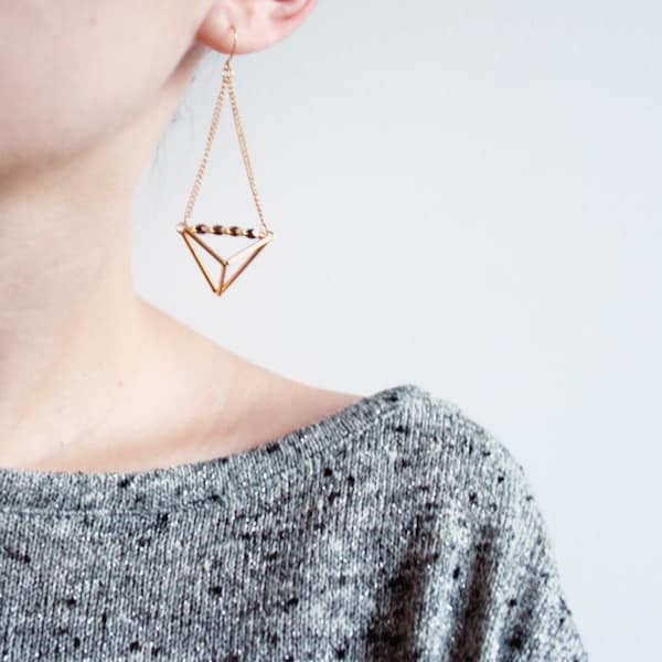 Geometric triangle pyramid metallic dangle earrings, geometric earrings.