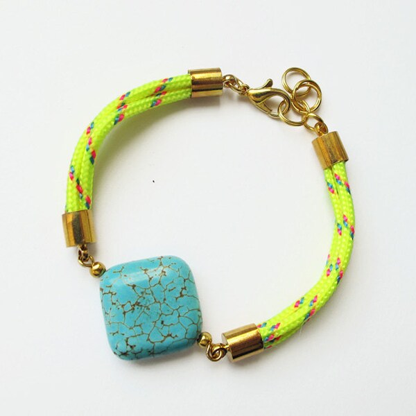Neon yellow bracelet with turquoise coloured gemstone