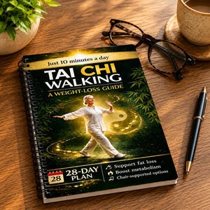 May include: A spiral-bound book titled Tai Chi Walking: A Weight-Loss Guide. The cover features a person in white clothing performing Tai Chi, a glowing yin-yang symbol, bamboo leaves, and text detailing a 28-day plan for fat loss and metabolism.