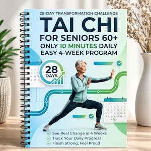 May include: A spiral-bound book titled 28-Day Transformation Challenge Tai Chi for Seniors 60+ Only 10 Minutes Daily Easy 4-Week Program. The cover features a person in a light blue jacket and dark leggings performing a Tai Chi pose.
