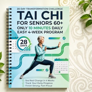 May include: A spiral-bound book titled 28-Day Transformation Challenge Tai Chi For Seniors 60+ Only 10 Minutes Daily Easy 4-Week Program. The cover features an illustration of a person in a lunge pose, a 28-day progress graphic, and a calendar.